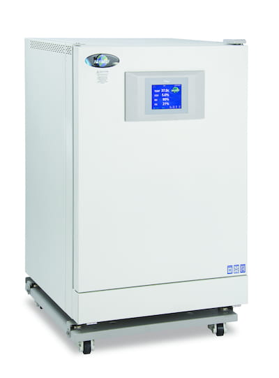 Direct heat CO2 Incubator model NU-5800 or NU-5810 facing right with exterior door closed installed on a castered platform. 