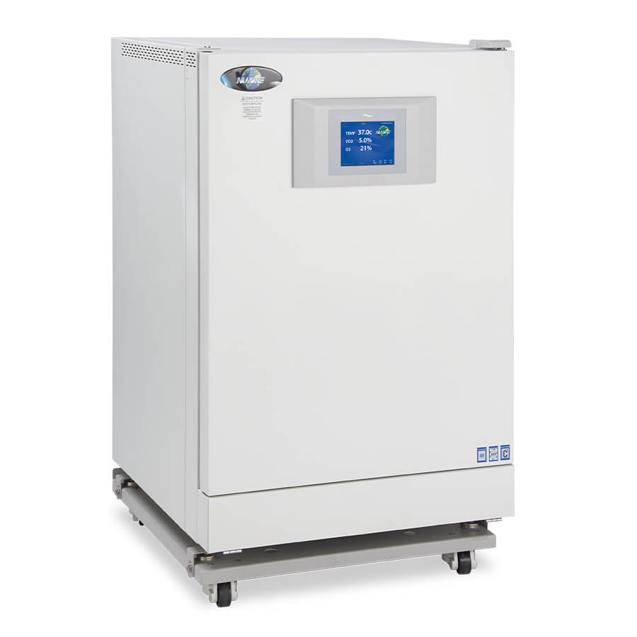 Direct Heat CO2 Incubator NU-5831 with oxygen suppression system installed on a NU-1582 castered platform base