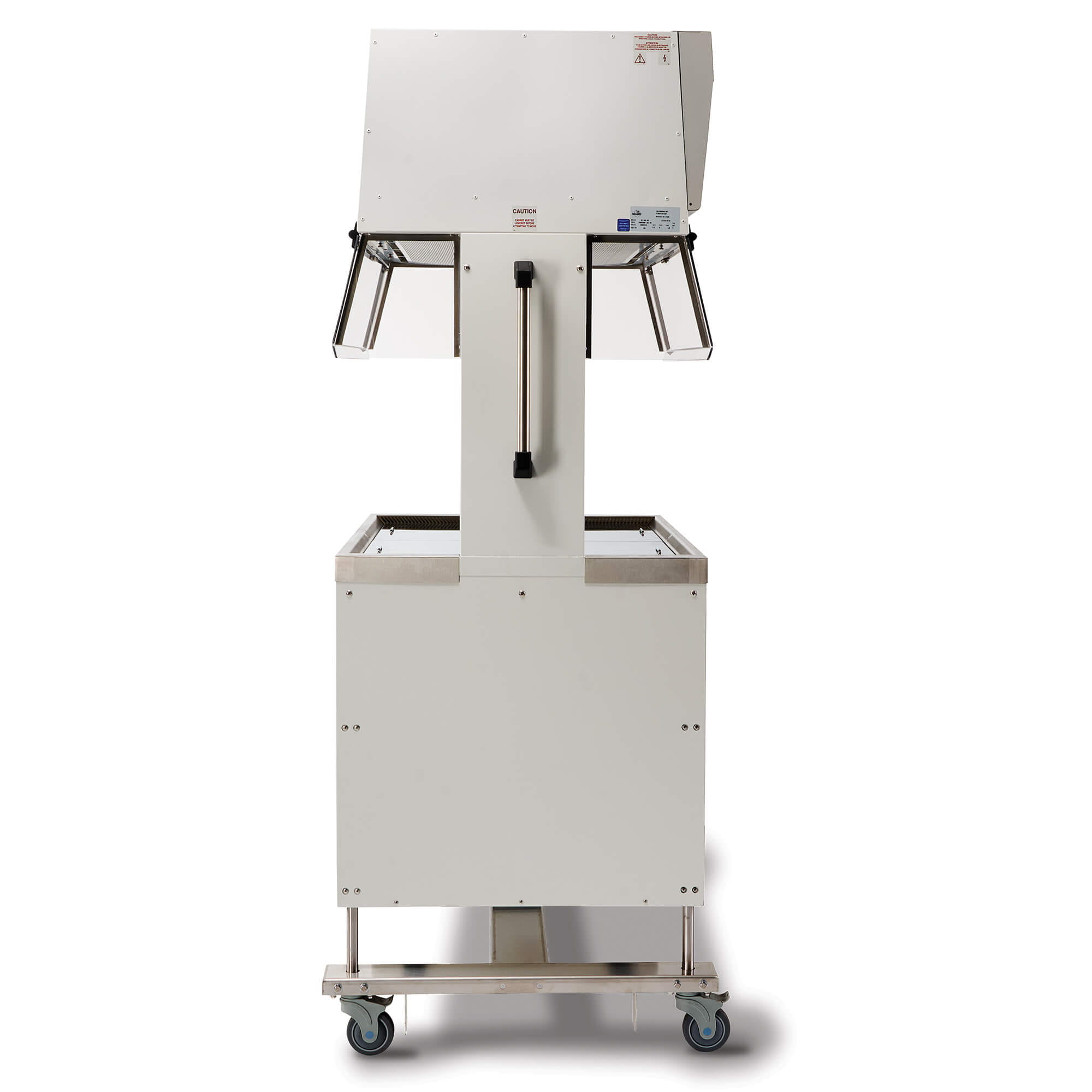 Side profile of NuAire NU-622 Dual-Sided Animal Transfer Station with height-adjustable base on casters