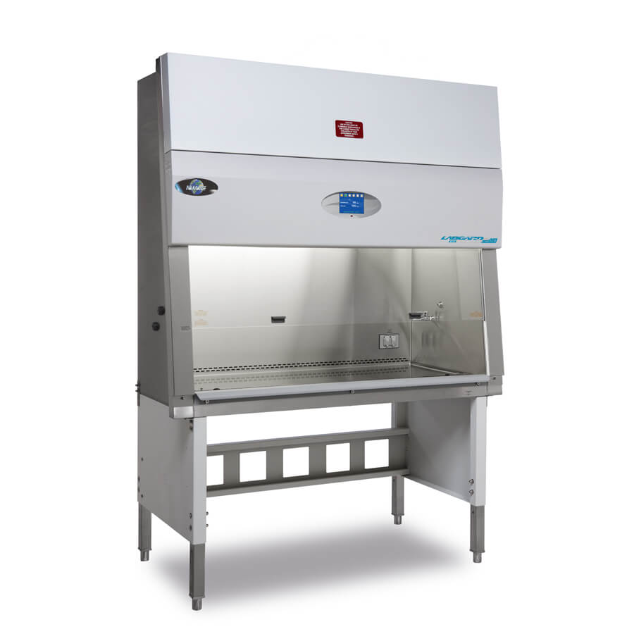Nominal 5-foot (1.8m) wide model NU-545-500 Class II, Type A2 Biosafety Cabinet featuring accessory telescoping base stand with leg levelers.