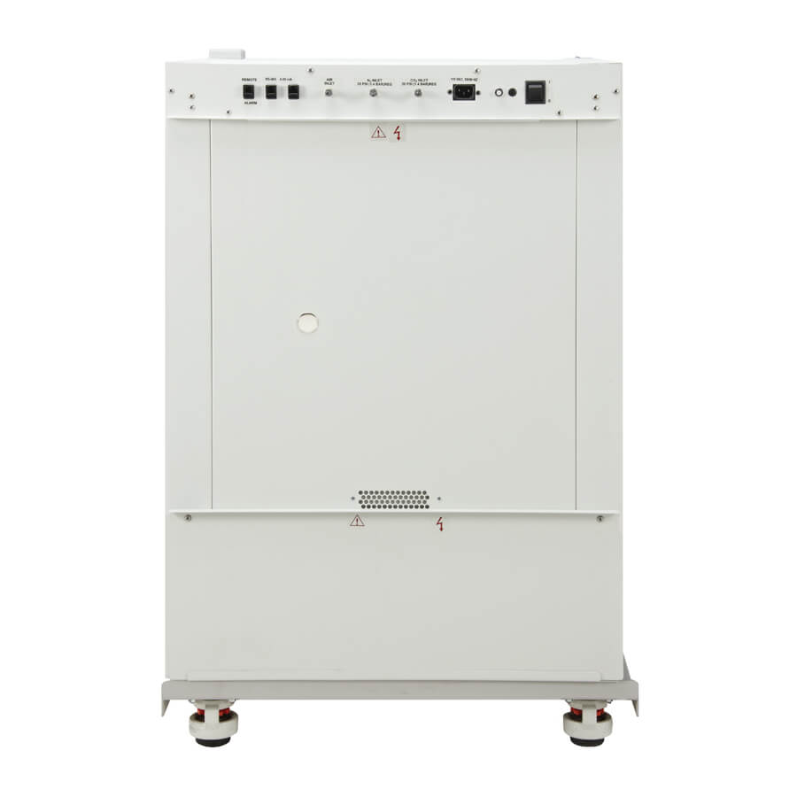 Back of direct heat co2 incubator NU-5700 features power switch, power cord, breaker switches, air inlet, co2 inlet, n2 inlet (optional), and remote connections.