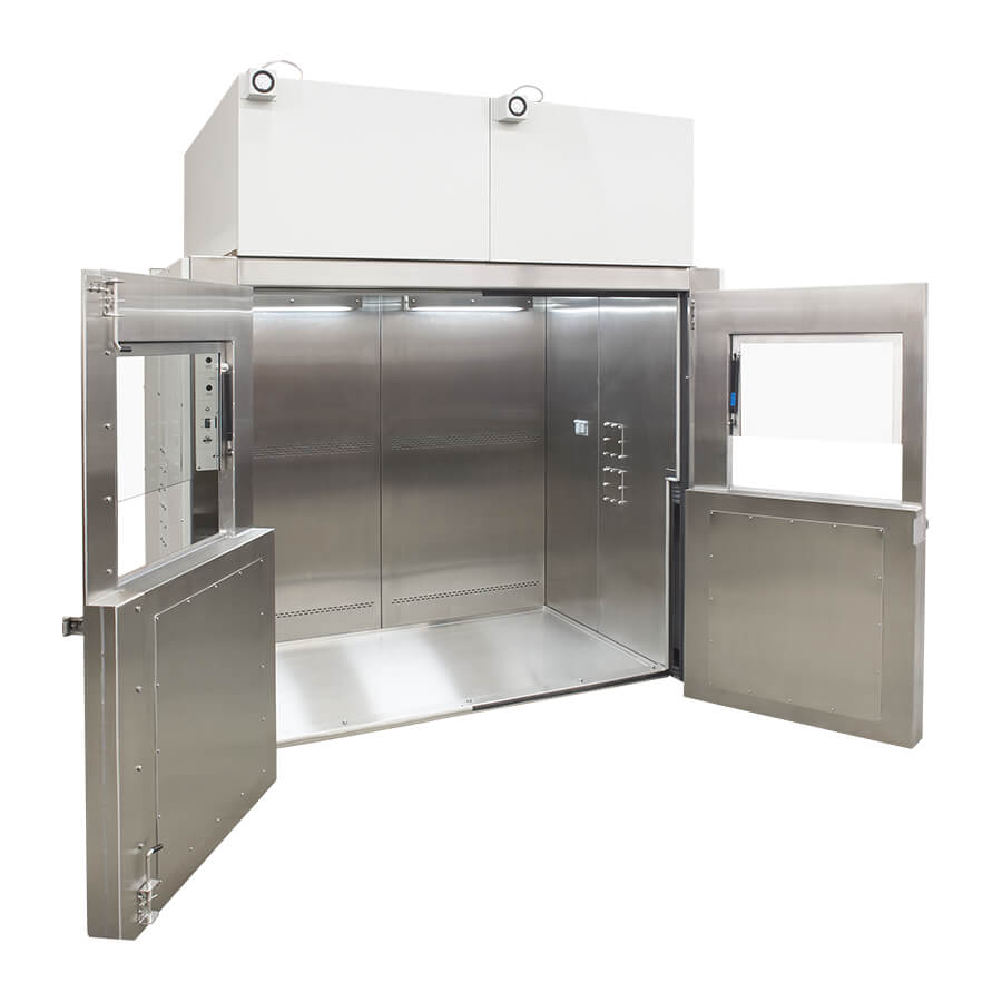 AutoLabGard Mini Room NU-L125 Custom Class II, Type A2 Biosafety Cabinet with exterior doors open.