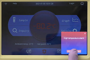 Blizzard VFT Ultralow Freezer Responding to a High Temperature Alarm