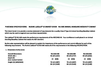 Animal Handling Class II, Type A2 Biosafety Cabinet NU-640 (115V) Specification