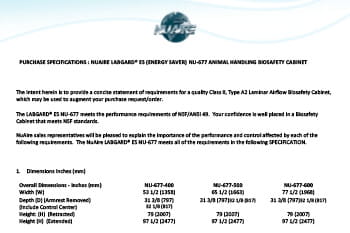 Animal Handling Class II, Type A2 Biosafety Cabinet NU-677 (115V) Specification