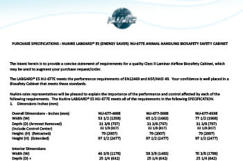 Animal Handling Class II, Type A2 Biosafety Cabinet NU-677E (230V) Specification
