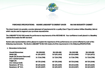 NU-540 Class II, Type A2 Biosafety Cabinet Specifications