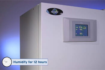 NuAire CO₂ incubator with touchscreen displaying environmental setpoints for temperature, CO₂, and O₂. Text overlay reads “Humidify for 12 hours.”