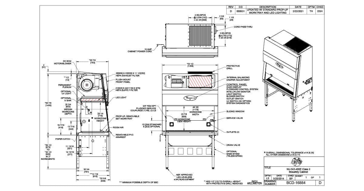 NU-543-400E 230-Volt Biosafety Cabinet Spec Drawing | NuAire