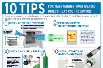 NuAire Direct Heat CO₂ Incubator Maintenance Tips infographic for proper cleaning, calibration, and contamination control