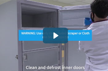NuAire’s Blizzard NU-99XXXJ Defrosting Video: Lab technician defrosting an ultralow temperature freezer, showing ice buildup removal and sample protection process.