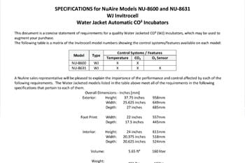 CO2 Incubator Specifications for NU-8600, NU-8625, NU-8631, and NU-8645