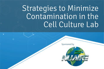 Cover image of the ebook titled "Strategies to Minimize Contamination in the Cell Culture Lab" sponsored by NuAire, featuring a modern blue design with the NuAire globe logo.