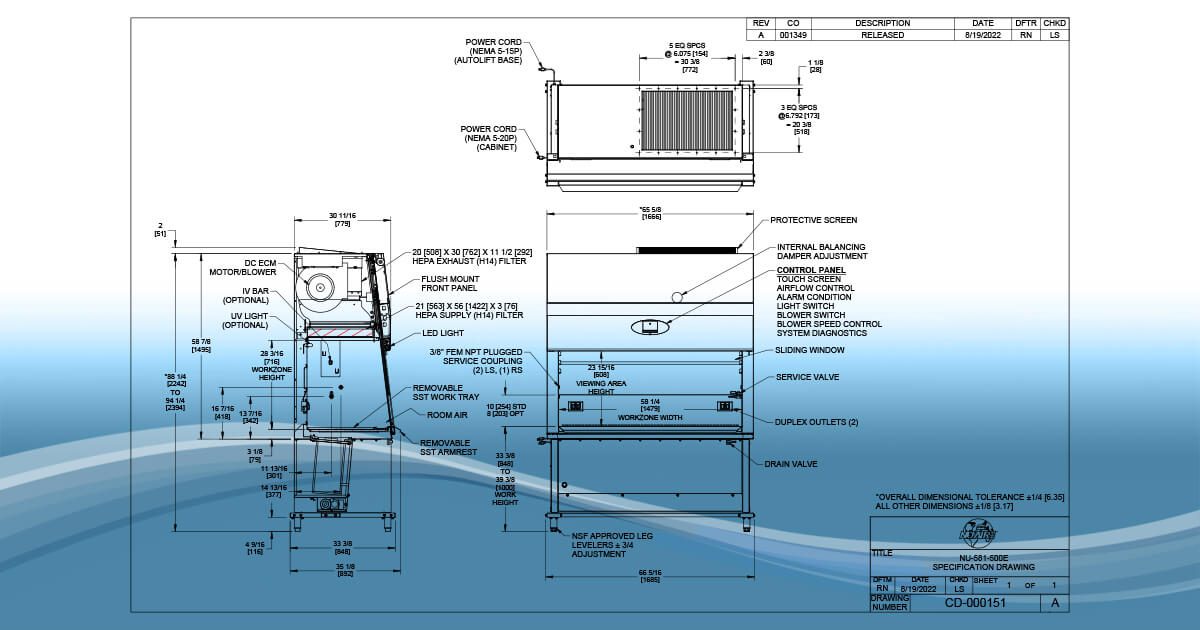 エアグルーブページ NU-581-500E with Automatic Base Stand Drawing | NuAire