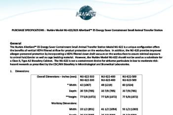 Cover page of NuAire NU-622 and NU-623 animal transfer station specification sheet PSP-0024
