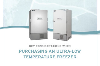Cover of NuAire’s ULT Freezer Buying Guide White Paper, featuring lab-grade ultralow temperature freezer with sample racks and cryogenic storage graphics.