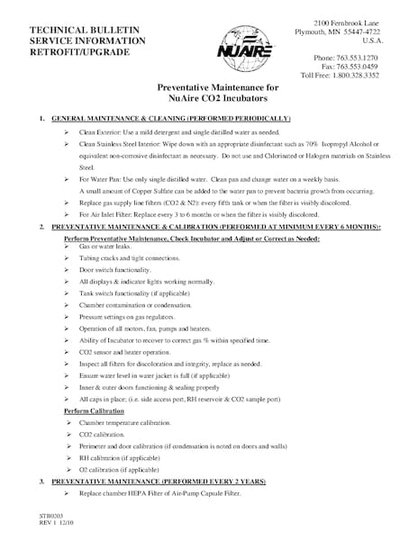 STB0203 Preventative Maintenance for CO2 Incubators Service Bulletin