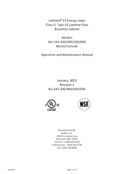 OM0319 NU-543 Biosafety Cabinet Operation and Maintenance Manual