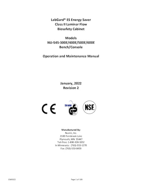 NU-545E Class II Biosafety Cabinet OM0322 Manual