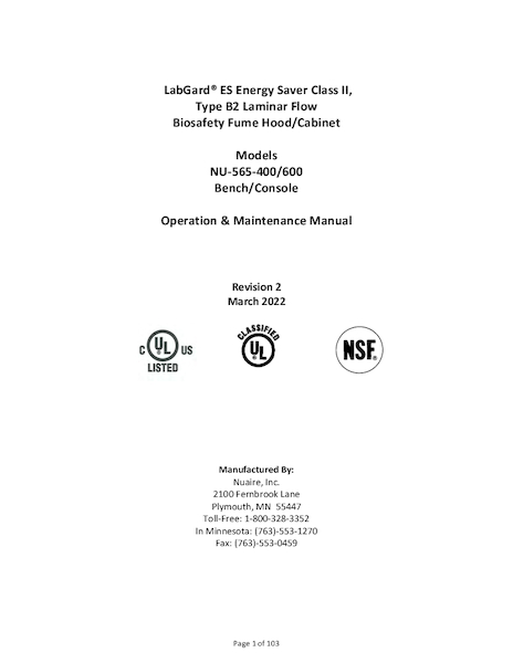 OM0325 NU-565 Class II, Type B2 Biosafety Fume Hood/Cabinet Manual