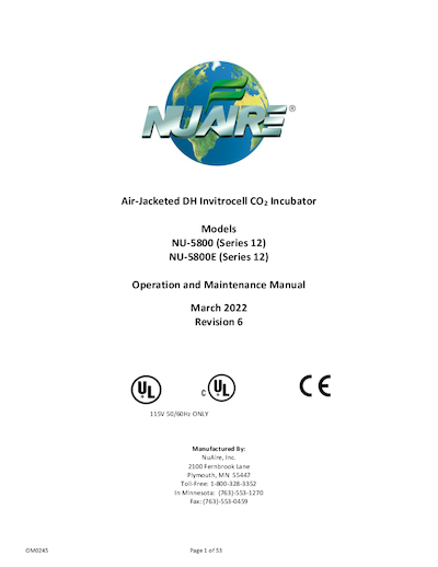 Operation and maintenance manual for NU-5800 and NU-5800E Series 12 CO2 Incubator