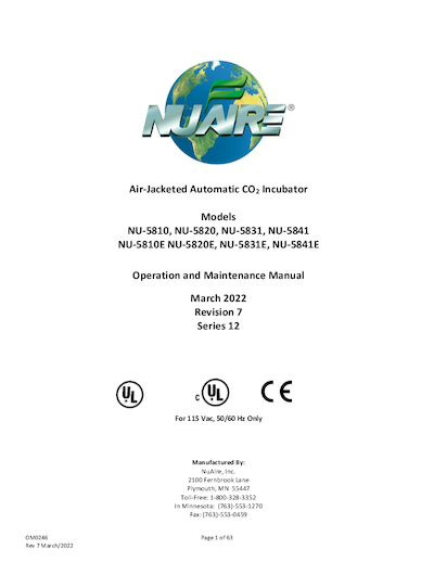OM0245 CO2 Incubator Manual for models NU-5810, NU-5820, NU-5831, and NU-5841