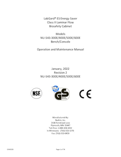 OM0320 NU-543E Biosafety Cabinet Operation and Maintenance Manual