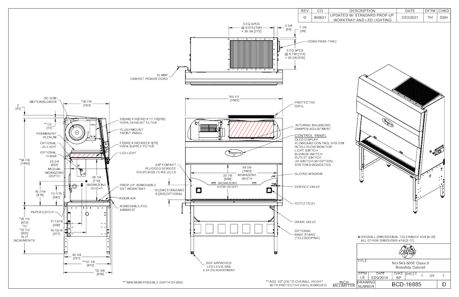 NU-543-500E 230-Volt Biosafety Cabinet Spec Drawing