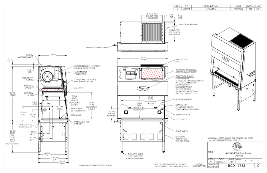 NU-543-400S Class II, Type A2 Biosafety Cabinet Cut Sheet