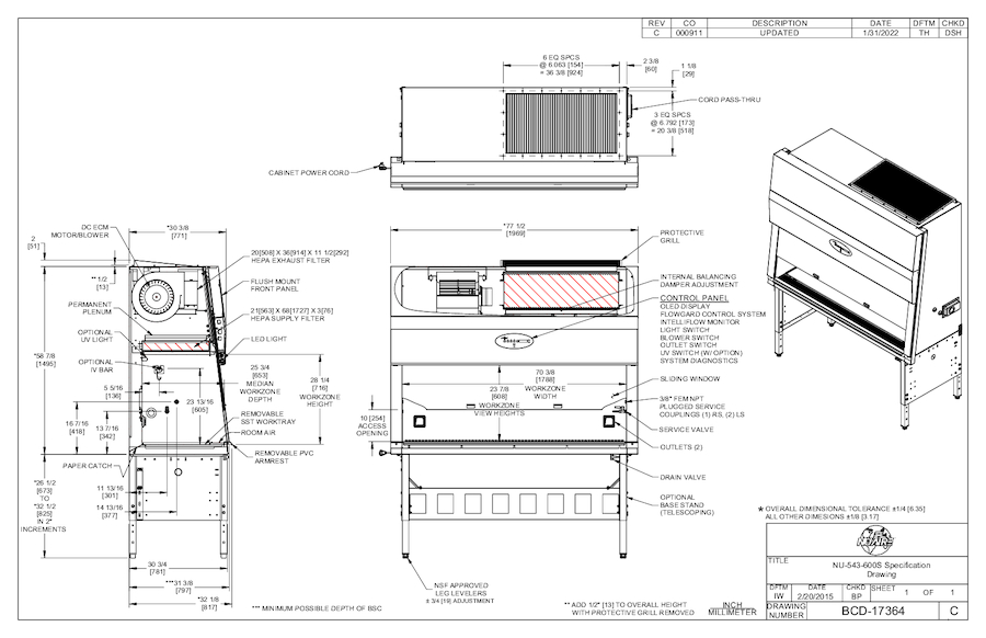 NU-543-600S Class II, Type A2 Biosafety Cabinet Cut Sheet