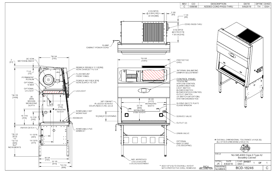 NU-545-400E 230V Biosafety Cabinet Cut Sheet - Drawing - NU-545