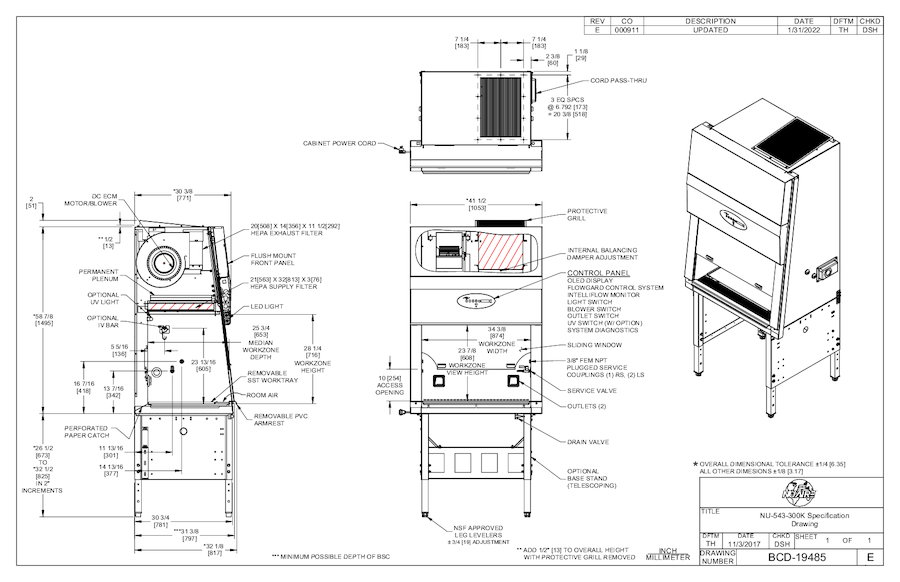 NU-543-300K Class II, Type A2 Biosafety Cabinet Cut Sheet