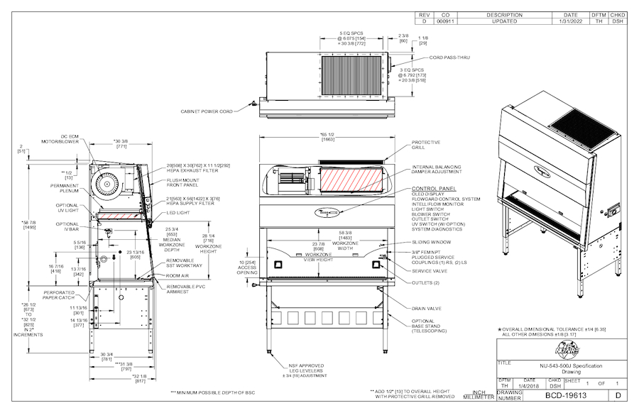 NU-543-500J Class II, Type A2 Biosafety Cabinet Cut Sheet