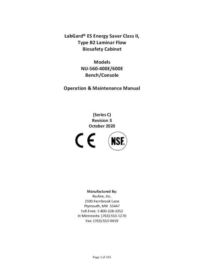 NU-560E Series C Class II, Type B2 Biosafety Cabinet Manual